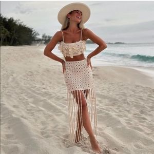 Zara 2 Piece Crochet Crop Top + Fringed Skirt